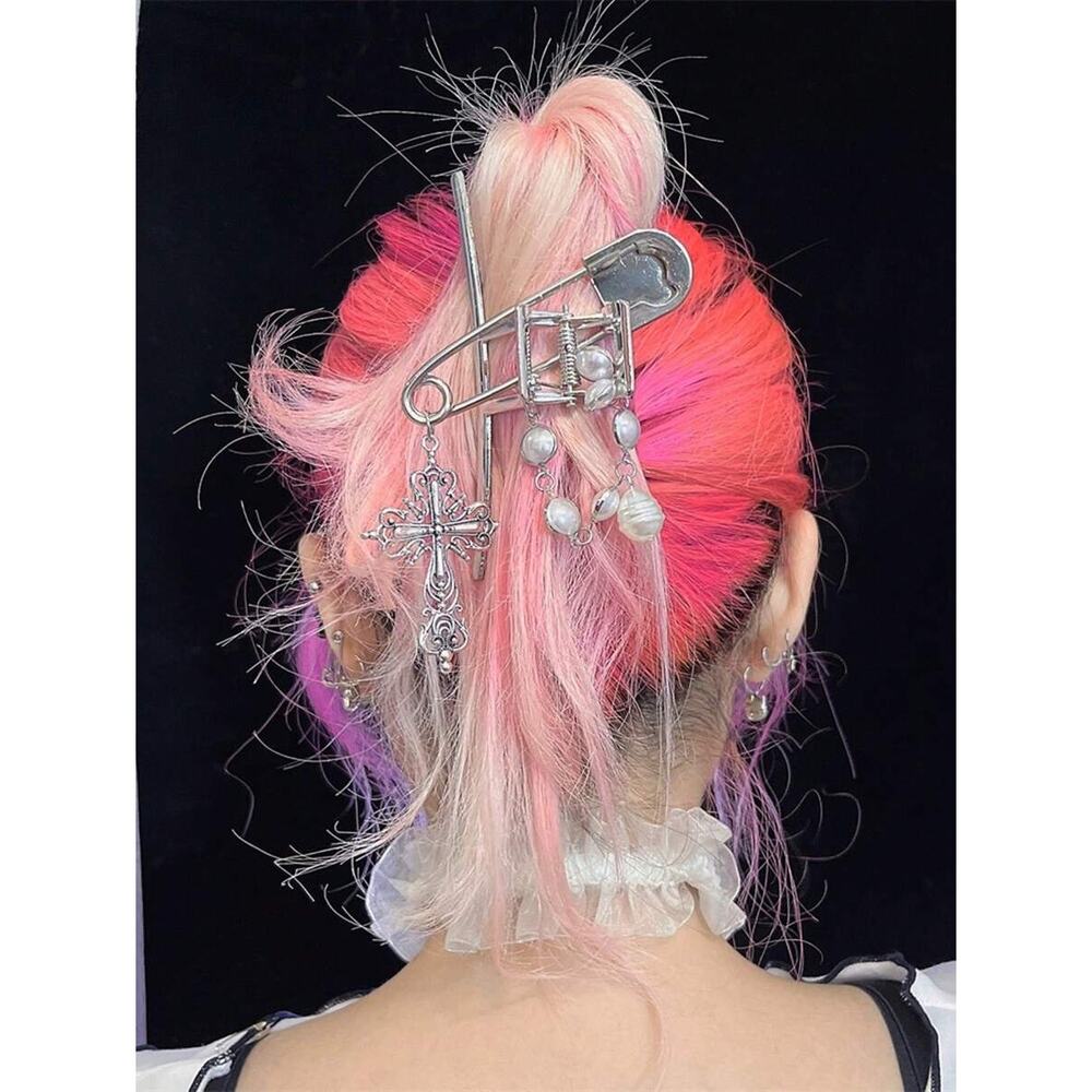 Gothic Safety Pin Hair Claw Clip with Pearl & Cross Charms–Punk Y2K Grunge Hair
